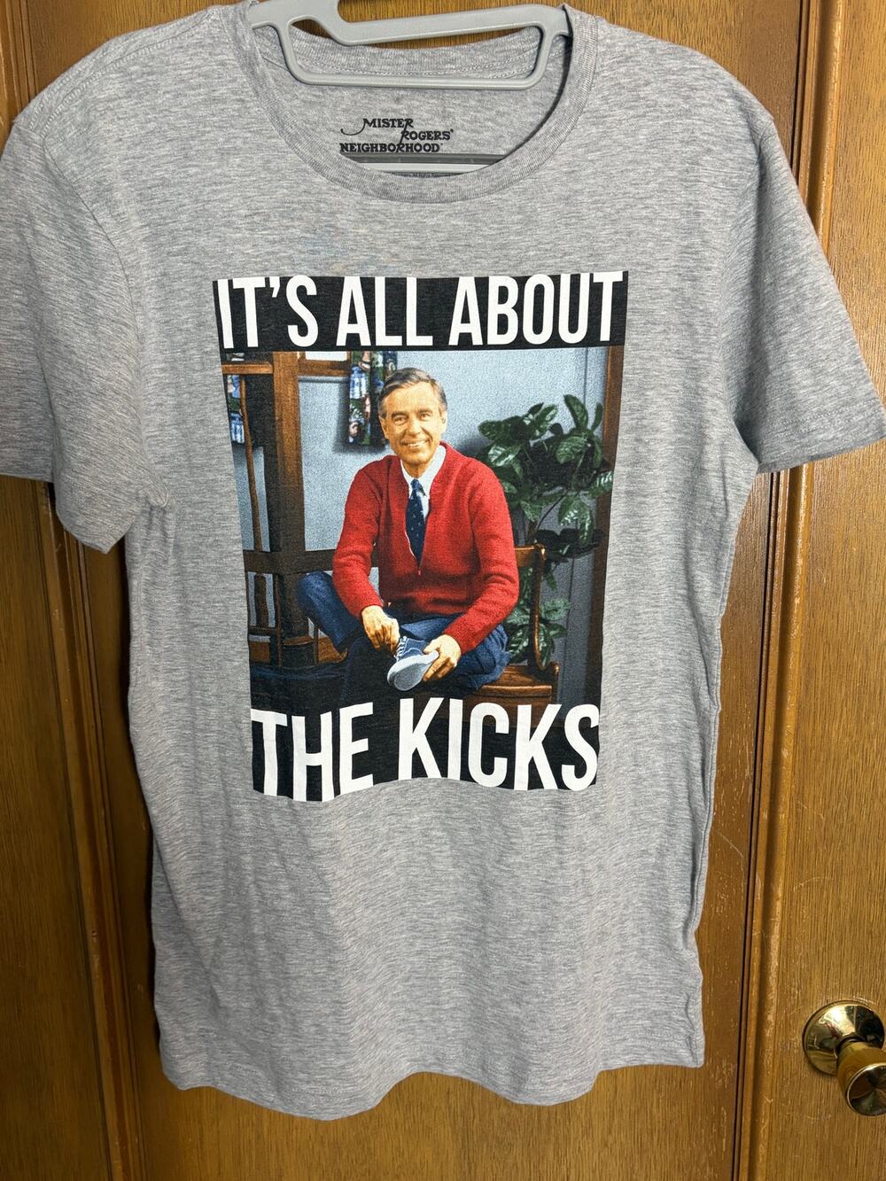 Mister Rogers Neighborhood Graphic Tee "It's all about the kicks" Gray XS‎ NWOT